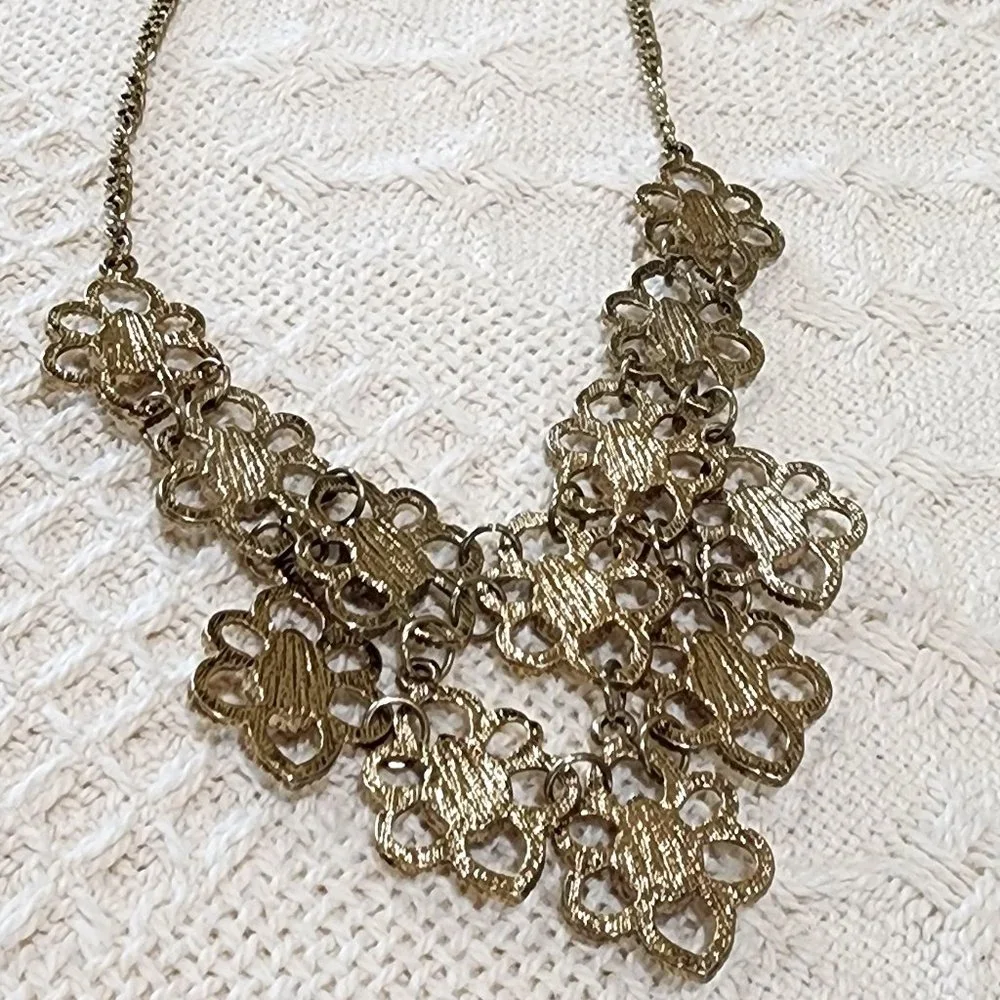 Gold Flower Faceted Light Pink Teardrop Accent Statement Bib Necklace